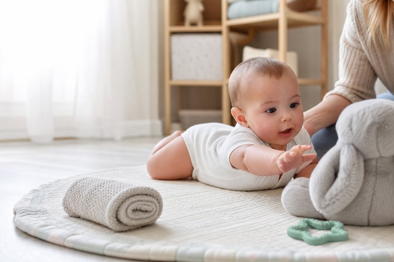 Alert baby safely supported on a supervised play mat reaching for a large soft toy with a nearby caregiver