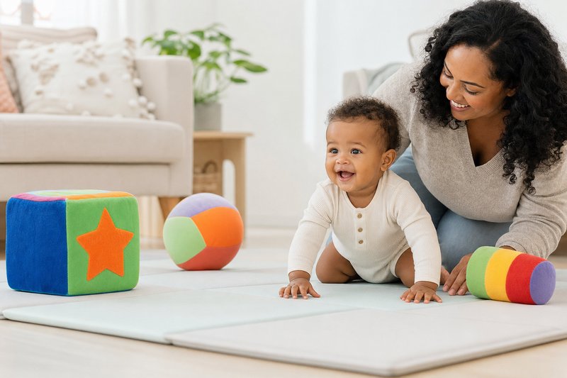 Happy baby sitting and beginning to crawl on a padded play mat while a caregiver stays close