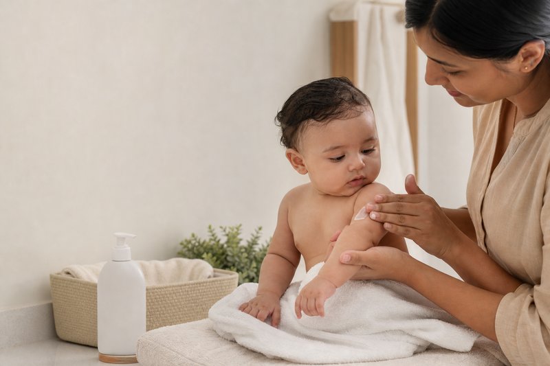 Caregiver applying fragrance-free moisturizer to a baby's arm after a bath with a simple blank pump bottle nearby