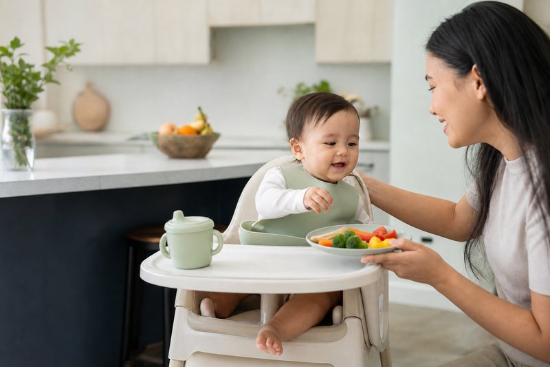 Caregiver offering an age-appropriate soft finger-food plate to a seated baby in a secure high chair