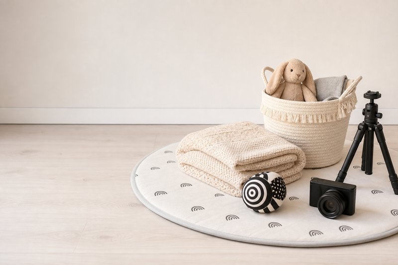 Neutral baby blanket, washable play mat, safe toy, small tripod, basket, and compact camera arranged as practical gear