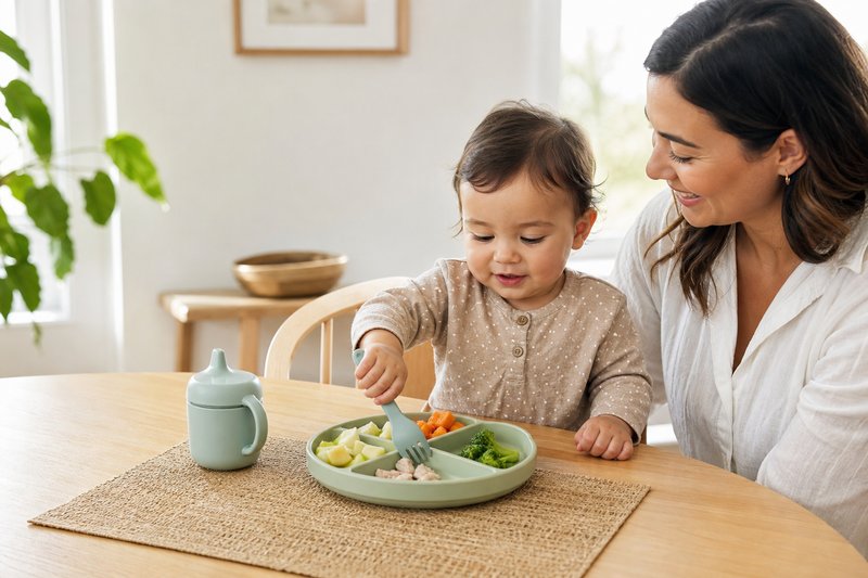 Toddler exploring a colorful balanced plate of soft age-appropriate foods with a caregiver nearby