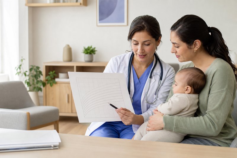 Parent reviewing a blank growth chart page with a pediatrician while safely holding an infant
