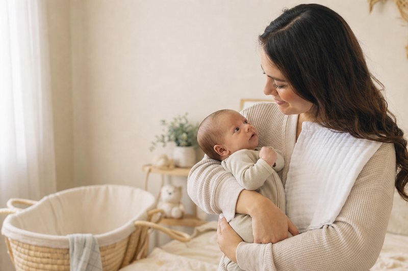 Caregiver gently holding an awake newborn in a calm neutral nursery with a simple bassinet nearby