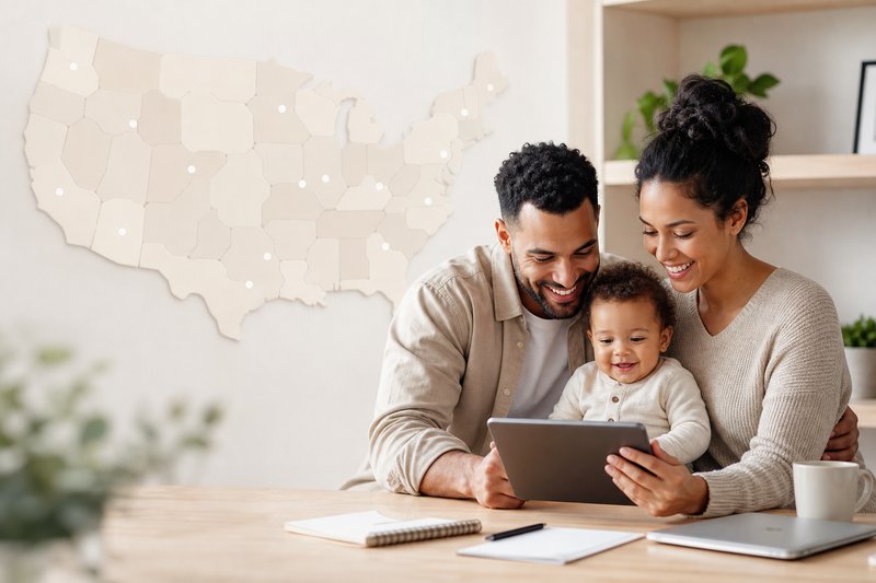 Family viewing a tablet beneath an abstract United States map made of soft neutral shapes