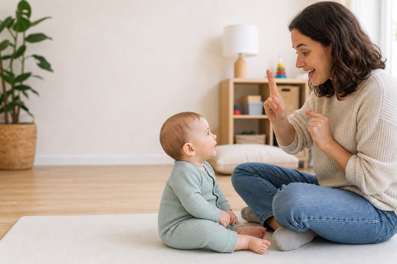 Caregiver modeling a simple hand gesture to a curious baby seated face-to-face on a soft mat