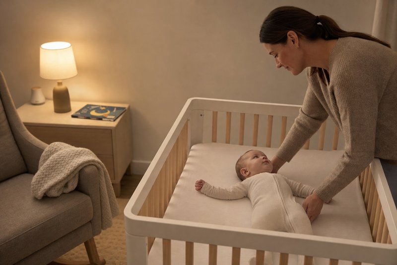 Caregiver placing a baby down awake in a clear uncluttered crib with a fitted sheet and warm lamp nearby