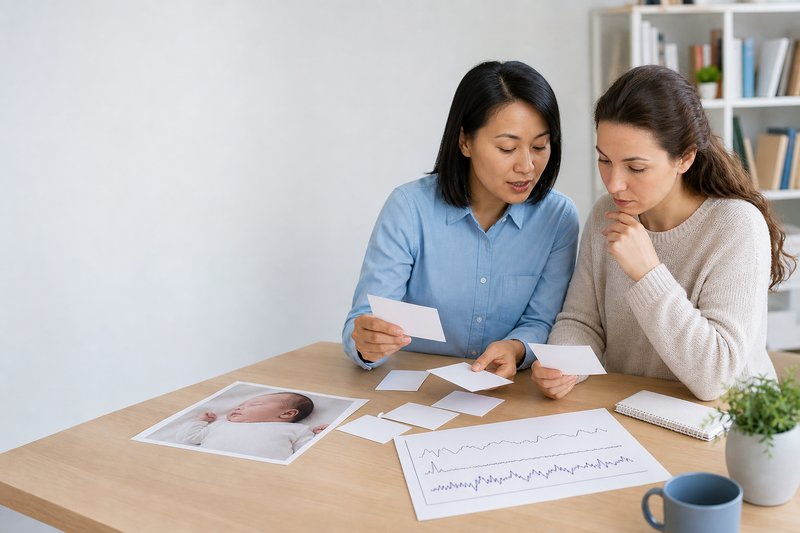 Parent and sleep educator reviewing abstract blank study cards and an unlabeled sleep-wave diagram