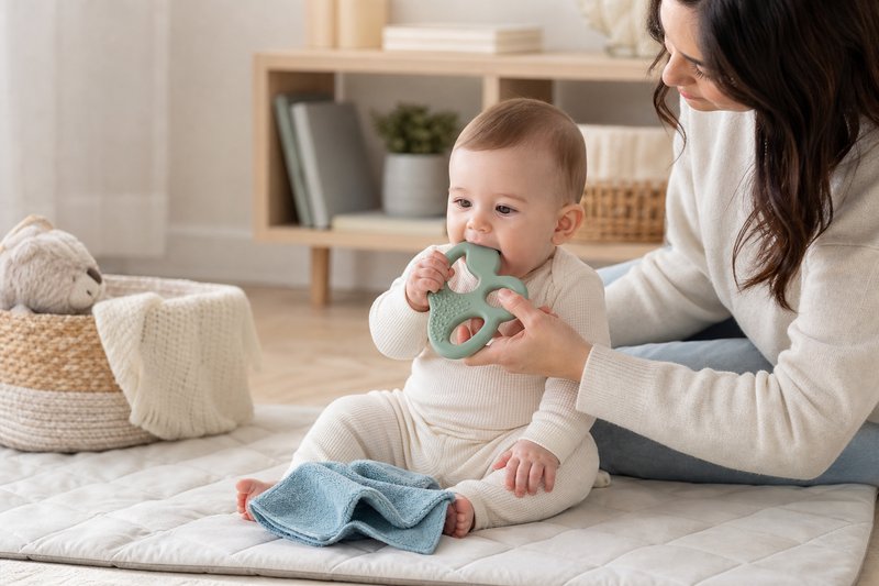 Caregiver offering a large safe silicone teether to a content baby seated securely on a soft mat