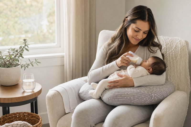 Parent and baby sharing a calm, private feeding moment in a comfortable chair beside a bright window