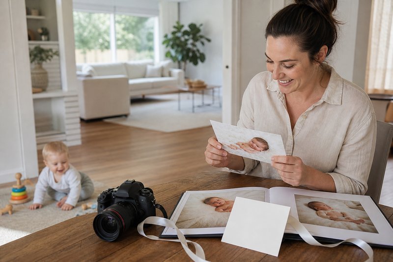 Parent reviewing a baby photo portfolio with a camera, ribbon, blank celebration card, and baby playing nearby