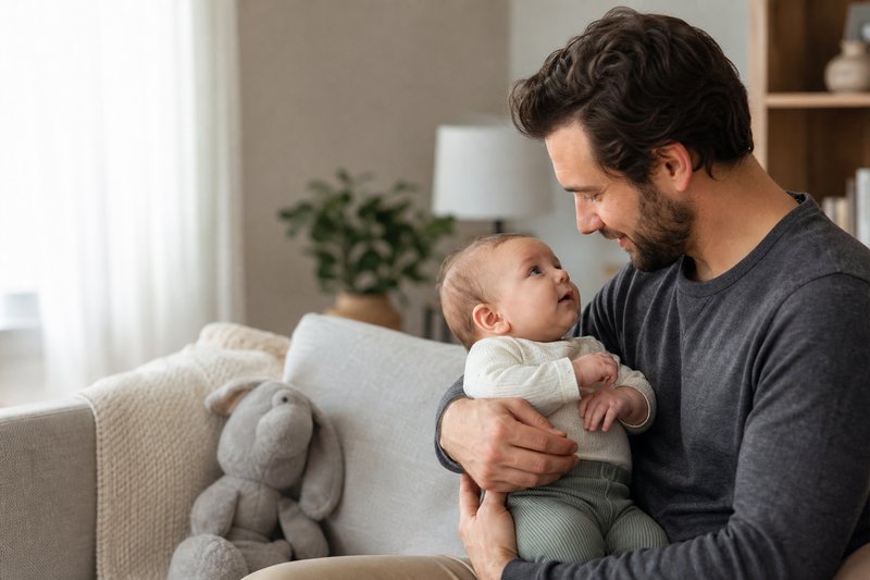 Father holding a calm baby close during a quiet, warmly lit living-room bonding moment