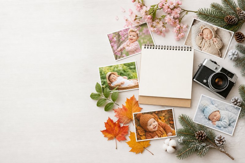 Seasonal baby photo prints and spring, summer, autumn, and winter props arranged around a camera and blank calendar