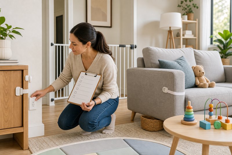 Caregiver inspecting a baby-proofed living room with covered outlets, secured furniture, a baby gate, and a safe play area