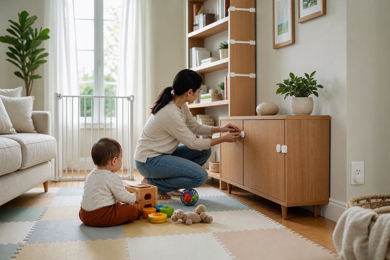 Bright family room arranged with a secured low cabinet, anchored bookshelf, covered outlet, safety gate, and soft play mat