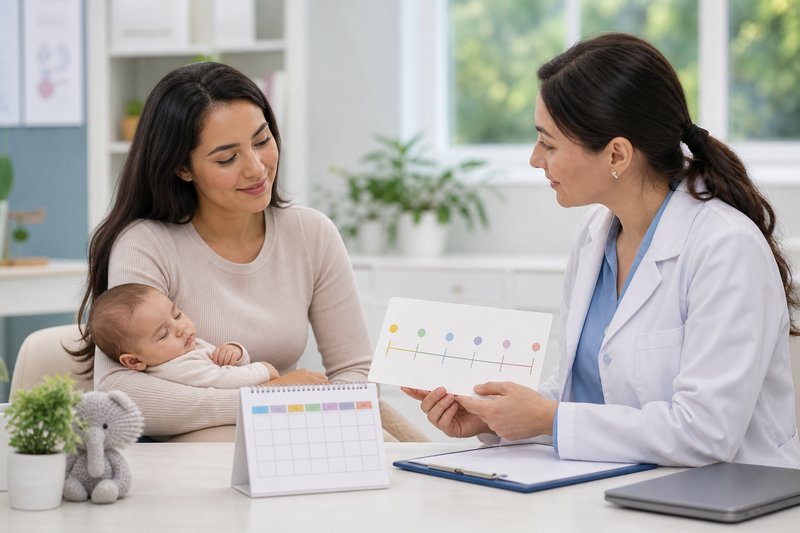 Parent and pediatrician reviewing a blank vaccination timeline and appointment calendar while a baby rests safely