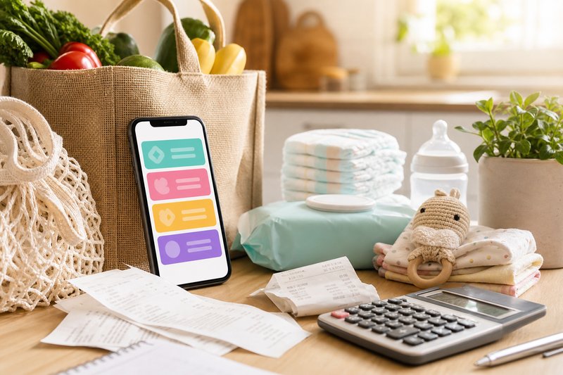 Smartphone with abstract savings cards beside grocery receipts, reusable bags, baby essentials, and a calculator on a sunny kitchen table