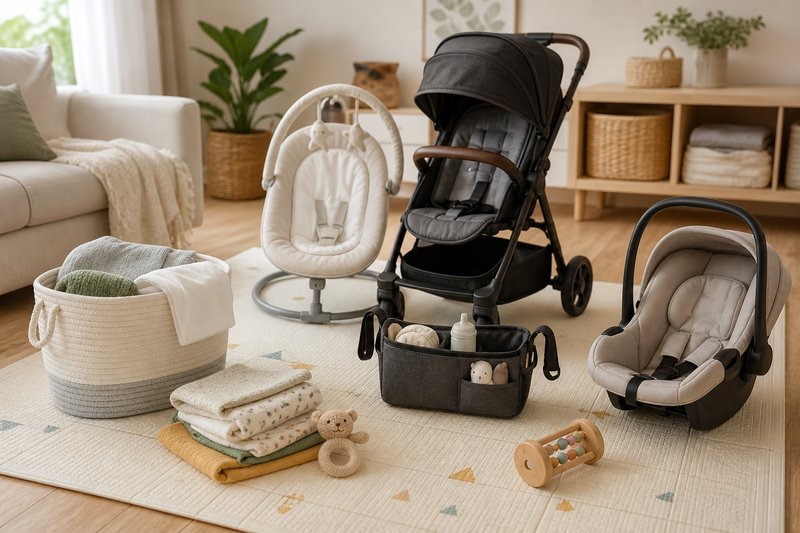 Practical budget-friendly baby gear including a washable mat, safe toy, cloth basket, compact stroller accessory, and neutral supplies