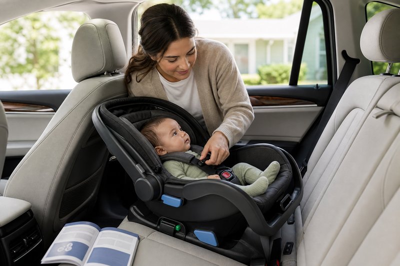 Caregiver checking the harness of a rear-facing infant car seat correctly positioned in the back seat of a modern family car