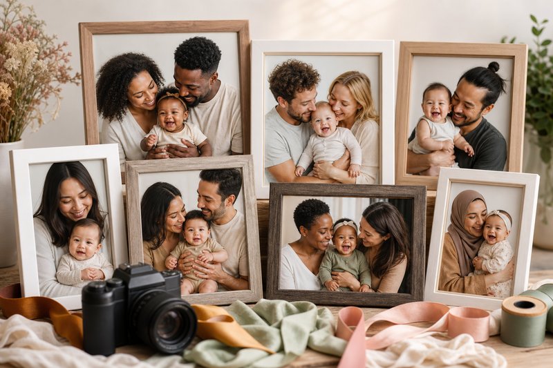 Diverse parents and babies represented through framed family photo prints arranged around a camera and colorful neutral ribbons