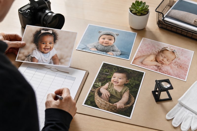 Reviewer comparing diverse baby photo prints beside a neutral scorecard, loupe, and camera on a clean desk