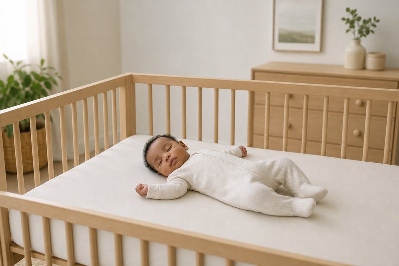 Sleeping baby on the back in a clear uncluttered crib with a fitted sheet in a softly lit neutral nursery