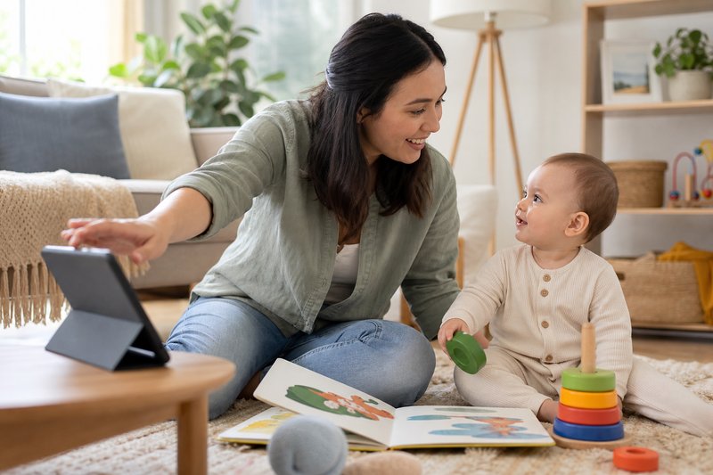 Caregiver turning off a tablet and engaging face-to-face with an alert baby using a picture book and stacking toy