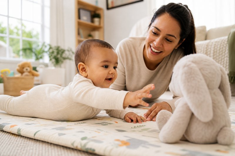 Alert baby safely supervised on a firm play mat reaching for a large soft toy while a caregiver stays close