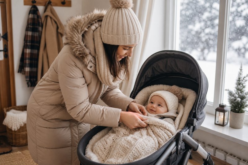 Caregiver bundling an infant in a cozy entryway beside a stroller, knit blanket, winter coat, and snowy window