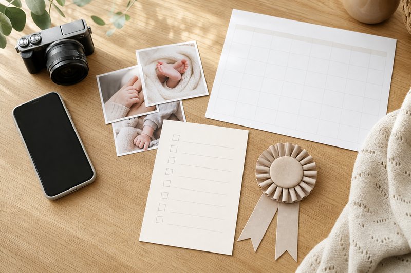 Parent preparing a baby photo contest entry with a camera, smartphone, baby photo prints, blank checklist, calendar, and neutral ribbon