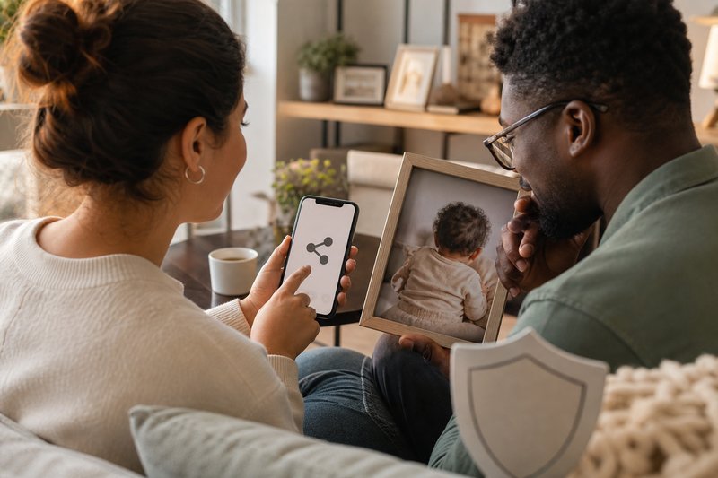 Two parents thoughtfully reviewing how to share a child photo online with a privacy shield and framed family photo