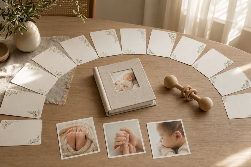 A first-year baby photo project with milestone cards, a linen photo album, baby-detail prints, and a wooden rattle