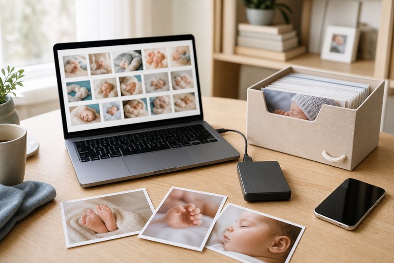 Organized baby photo archive with a laptop photo gallery, external drive, archival print box, and baby-detail prints