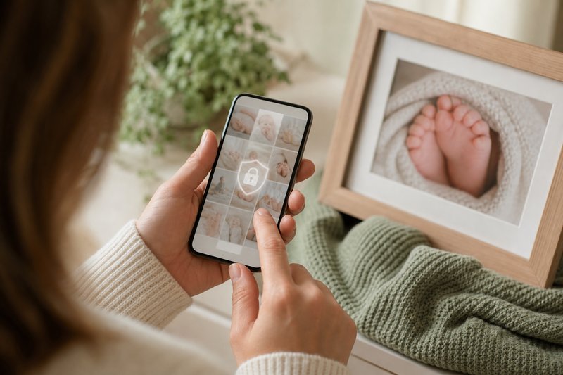 Parent reviewing baby-detail photo thumbnails on a smartphone with a subtle privacy shield in a warm home setting