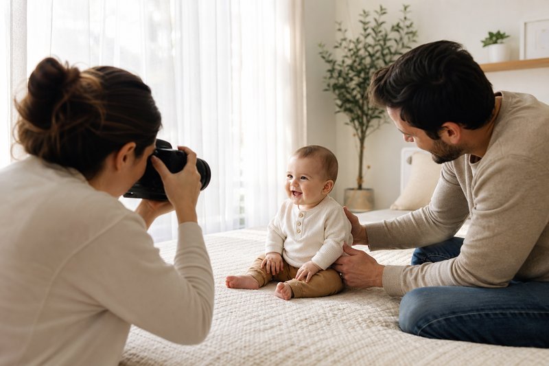 Caregivers photographing a smiling infant beside a sheer-curtained window at home