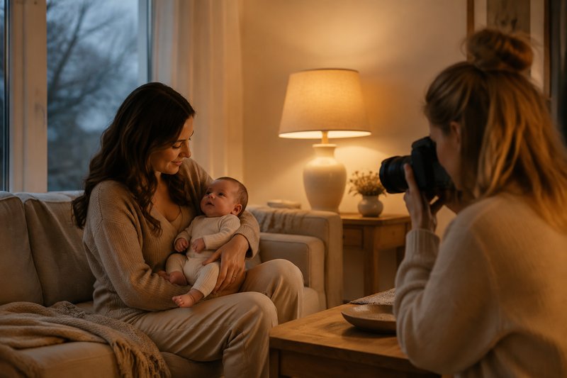 Caregiver holding an awake baby in soft lamp light while a photographer works nearby