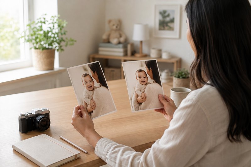 Parent comparing two baby portraits while choosing a photo contest entry