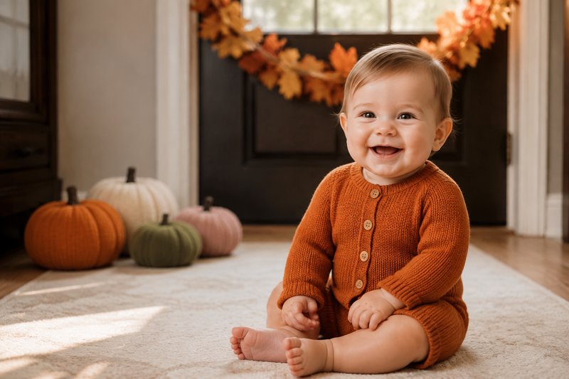 Baby in a comfortable orange knit outfit seated safely near tasteful autumn decorations