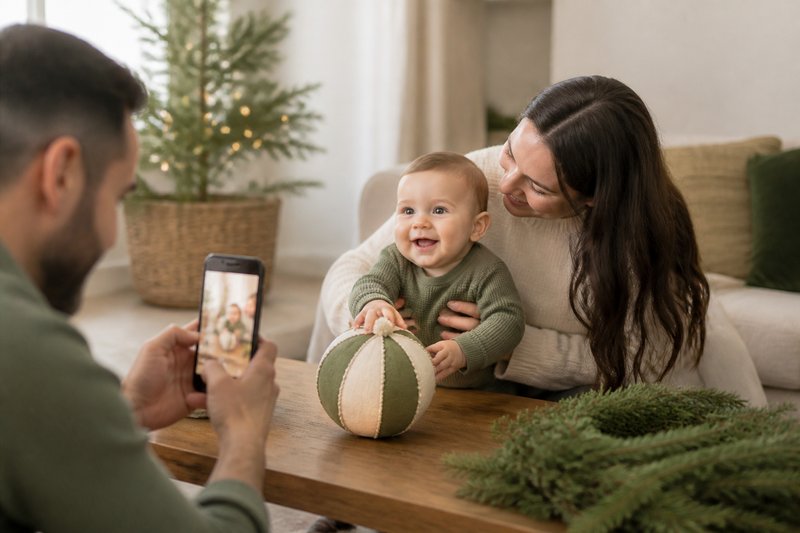 Baby supported by a parent while sharing a calm holiday photo moment